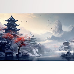 Paesaggio anime Giapponese montagne pagoda in inverno canvas stampa su tessuto ecopelle Made in Italy