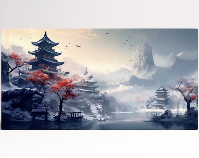 Pagoda River Snow Mountains Japan Anime Home Gift Landscape Wall Art Framed Canvas Print, Made in Italy!