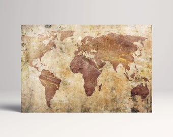Vintage World Map Cracked Style PETA Approved Eco Leather Canvas Multi Panel Art