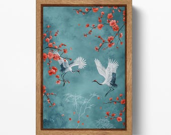 Japanese Cranes Cherry Blossoms PETA Approved Eco Leather Single Panel Framed Wall Art
