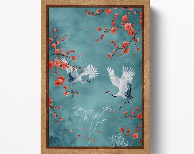 Japanese Art Cranes Blue Background Branches Blossoms Canvas Wall Art Eco Leather Print, Made in Italy!