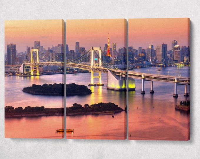 Tokyo Skyline with Tokyo Tower and Rainbow Bridge Canvas Wall Art Eco Leather Print, Made in Italy!