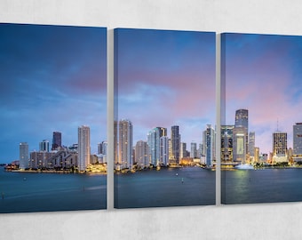Miami Skyline Florida PETA Approved Eco Leather Canvas Triptych or Single Wall Art