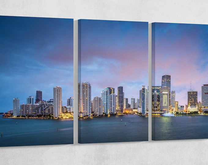 Miami Skyline Leather Print/Large Miami Print/Large Wall Art/Multi Panel Wall Art/Large Wall Decor/Made in Italy/Better than Canvas!