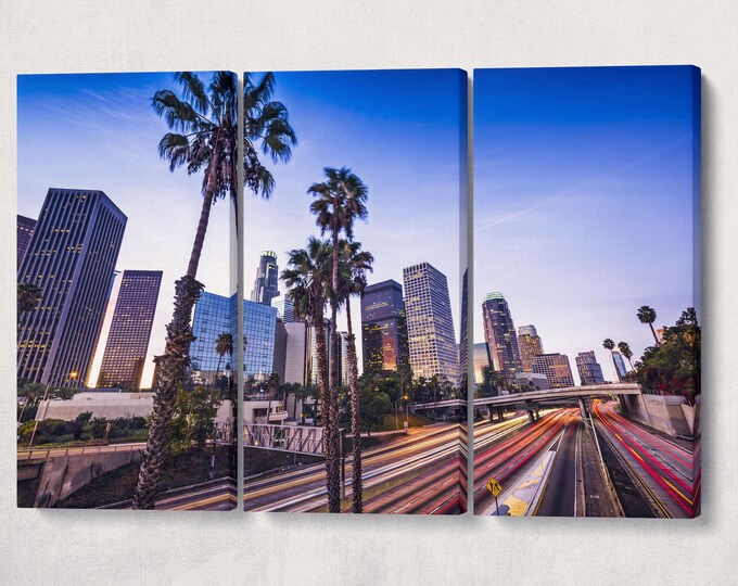 Los Angeles Downtown Street Lights Framed Canvas Leather Print