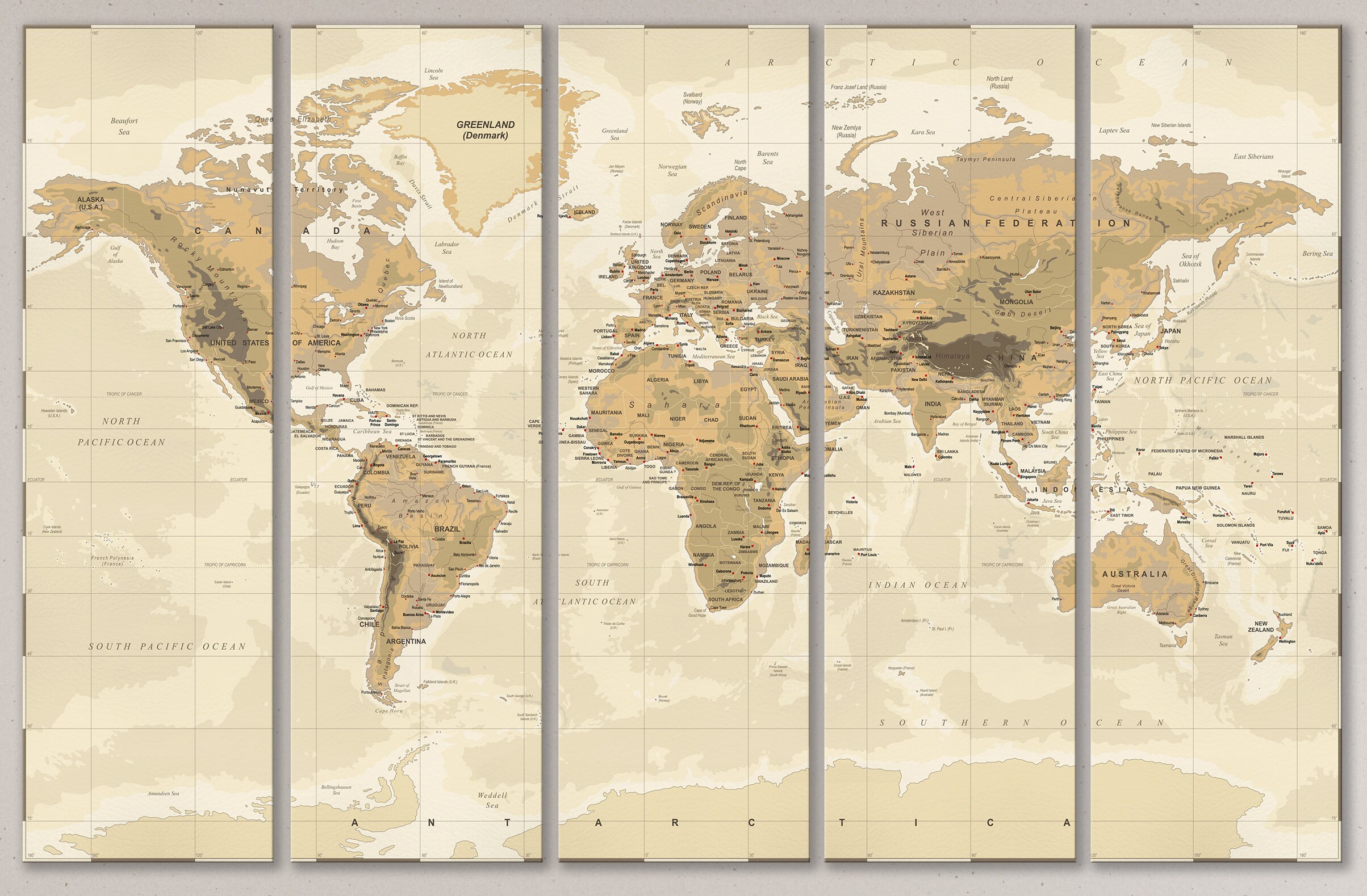Cartina del Mondo toni caldi con puntine segnaposto canvas su ecopelle