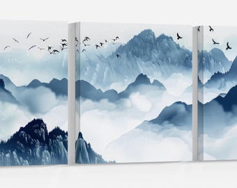 Blue Mountainscape Japan Eco Leather Wall Art Single and Multi Panel Triptych