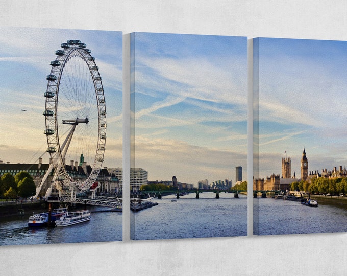 London - London eye, County Hall, Westminster Bridge, Big Ben and Houses of Parliament leather print/Multi Panel Print/Better than Canvas!