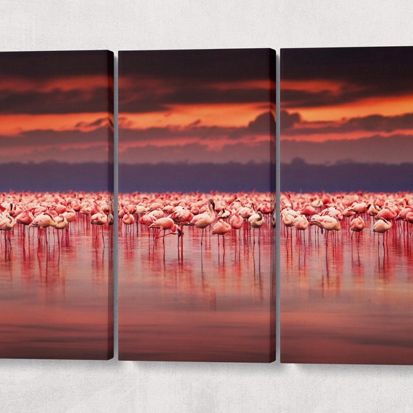 Flamingos at Sunset Leather Print/Wall Art/Multi Pieces Print/Extra Large Print/Wild Animals/Better than Canvas!