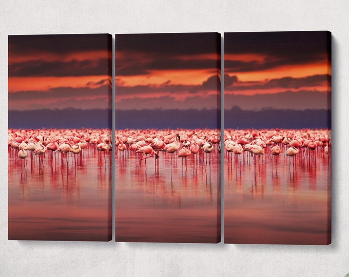 Flamingos at Sunset Leather Print/Wall Art/Multi Pieces Print/Extra Large Print/Wild Animals/Better than Canvas!