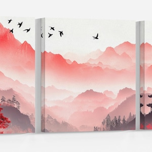 Cime Scarlatte: Un Paesaggio Ispirato all'Ukiyo-e Canvas Stampa su Tessuto Ecopelle Made in Italy