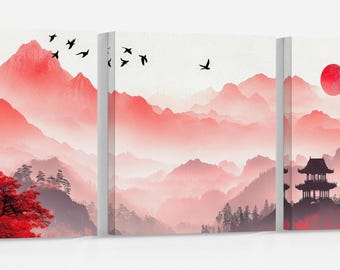 Scarlet Peaks Ukiyo-e Wall Art Vegan Leather Canvas Print Ready to Hang