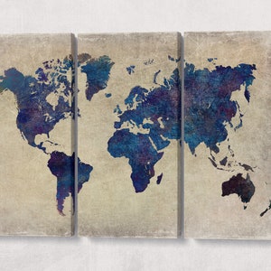 Blauwe wereldkaart grunge achtergrond lederen print/wereldkaart met meerdere panelen/grote wereldkaart/extra grote wereldkaart/muurdecor/Beter dan canvas!