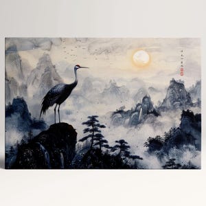 Grúa majestuosa en las montañas brumosas, decoración de pared inspirada en el arte chino, impresión de cuero ecológico, ¡hecha en Italia!