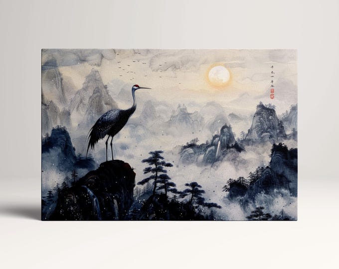 Majestic Crane in Misty Mountains Chinese Art Inspired Wall Decor Eco Leather Print, Made in Italy!
