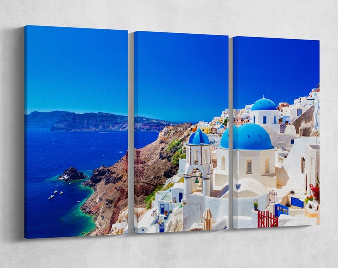 Oia town on Santorini island Greece Canvas Eco Leather Print, Made in Italy!