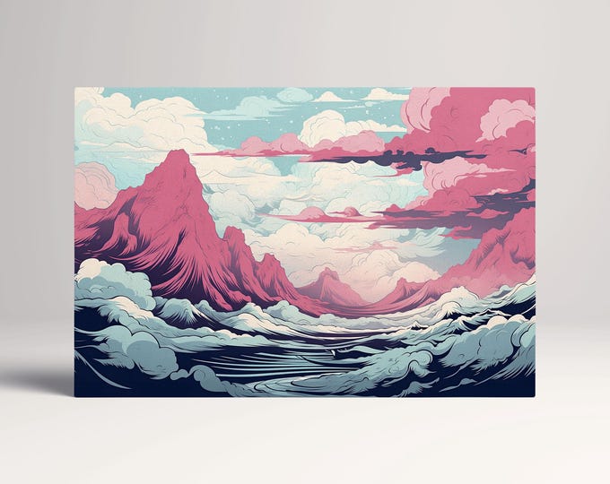 Abstract Cloudscape Pastel Mountain Japan Art Scene Eco Leather Wall Art Canvas Print, Made in Italy!