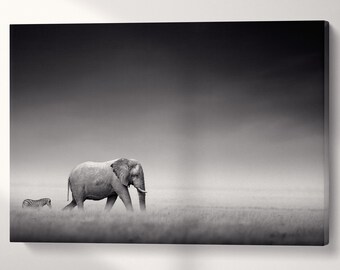 Elephant and Zebra in Etosha Africa Black and White Wall Art Vegan Leather Canvas Print