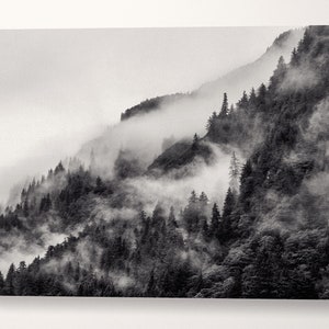 Misty Mountain in Black and White Framed Canvas Leather Print
