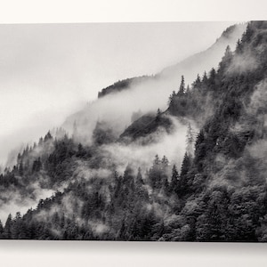 Misty Mountain in Black and White Framed Canvas Eco Leather Print, Made in Italy!