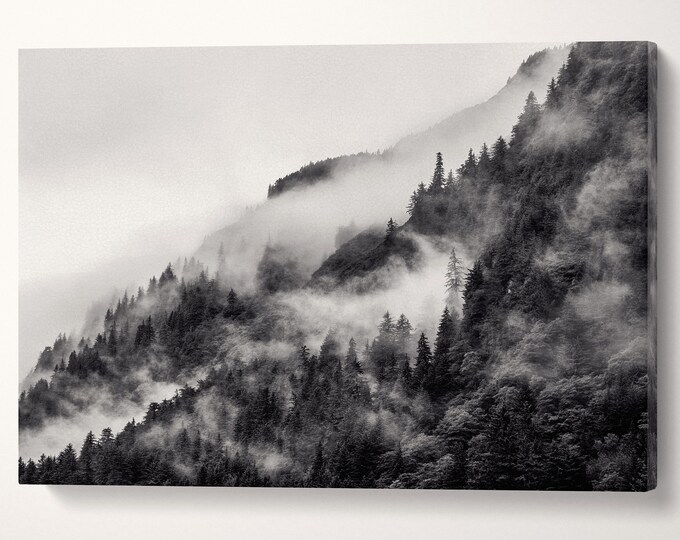 Misty Mountain in Black and White Framed Canvas Eco Leather Print, Made in Italy!