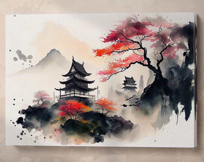 Japan Mountain Landscape Pagoda Sakura Artwork Eco Leather Print Canvas Print Ready to Hang, Made in Italy!