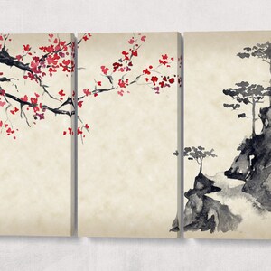 Sakura Mountain Sumi-e Style Landscape Wall Art Framed Canvas Eco Leather Print 3 Panels