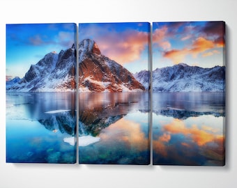 Lofoten Norway Mountain PETA Approved Faux Leather Canvas Wall Art