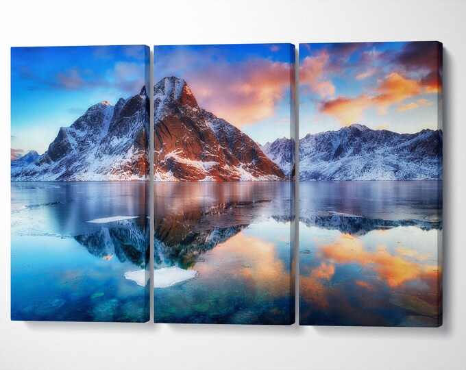 Mountain Wall Art Lofoten Norway Dramatic Sunset Framed Canvas Eco Leather Print | Large wall art | Large wall decor | Home decor