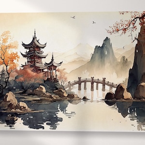 Oriental Chinese Lake Pagoda Mountains Landscape Wall Art Framed Canvas Eco Leather Print, Made in Italy!