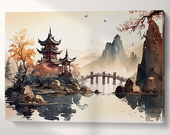 Chinese Pagoda Lake Landscape Art: Framed Vegan Leather Canvas Print
