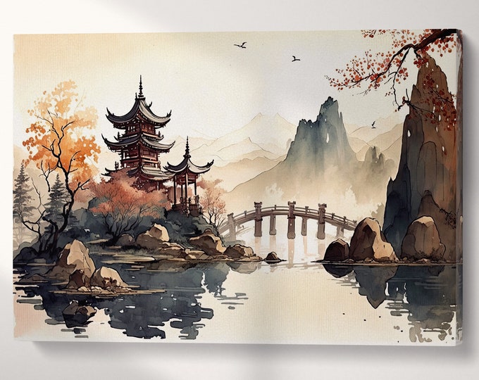 Oriental Chinese Lake Pagoda Mountains Landscape Wall Art Framed Canvas Eco Leather Print, Made in Italy!