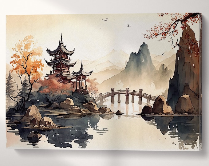 Oriental Chinese Lake Pagoda Mountains Landscape Wall Art Framed Canvas Eco Leather Print, Made in Italy!