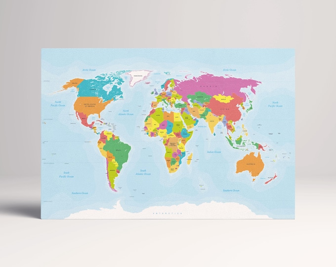 Push Pin Large Detailed World Map Leather Print/Big Size World Map/Large Wall Art/Push Pin Map/Extra Large World Map/Better than Canvas!