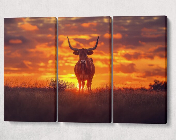 Lone Star Sunset: The Texas Longhorn Canvas Wall Art Eco Leather Print, Made in Italy!