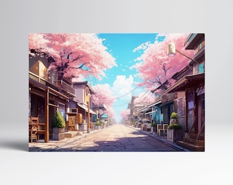 Anime Cherry Blossom Street Japan PETA Approved Eco Leather Multi Panel Wall Art