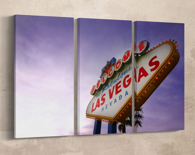 3 Panel Welcome to Fabulous Las Vegas Leather Print/Large Las Vegas Wall Art/Purple Tone/Multi Panel Print/Made in Italy/Better than Canvas!
