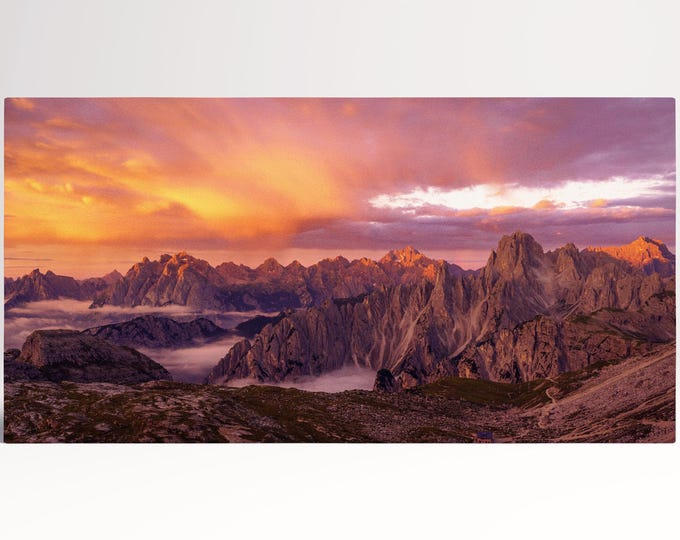 Sunrise Over Dolomiti Mountain Peak Canvas Eco Leather Print, Made in Italy!
