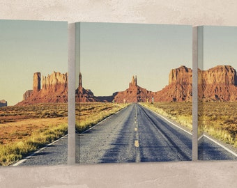 Monument Valley Road Vintage Canvas Eco Leather Wall Art Triptych