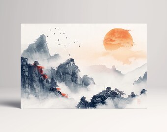 Chinese Mountain Landscape Sunset PETA Approved Eco Leather Single Triptych 5 Panel Art