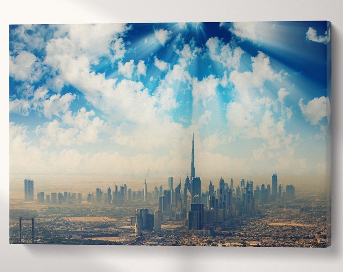Dubai Skyline Burj Khalifa Wall Art Home Decor Canvas Eco Leather Print, Made in Italy!