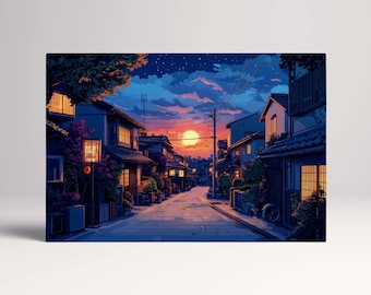 Japanese Twilight Street PETA Approved Eco Leather Canvas Multi Panel Wall Art