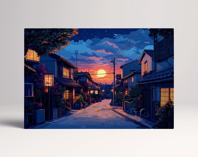 Japanese Twilight Street Scene Wall Art Eco Leather Home Decor Canvas Print, Made in Italy!