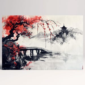 Arte Giapponese a Inchiostro Ponte e Fiori Rossi Canvas Stampa su Tessuto Eco Pelle, Made in Italy!