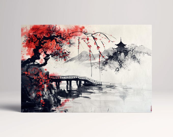 Japanese Ink Art Bridge Red Tree Canvas Wall Art Eco Leather Print, Made in Italy!