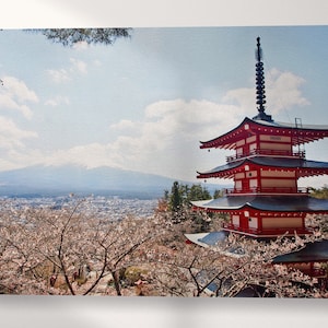 Red Japanese pagoda Fuji mountain wall art eco leather canvas print, Made in Italy!
