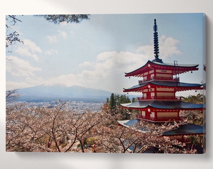 Red Japanese pagoda Fuji mountain wall art eco leather canvas print, Made in Italy!