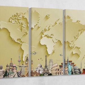 Goldene Weltkarte mit Monumenten 3D Effekt Lederdruck/Große Weltkarte/Silberne Weltkarte/Multi Stück Weltkarte/Besser als Leinwand!