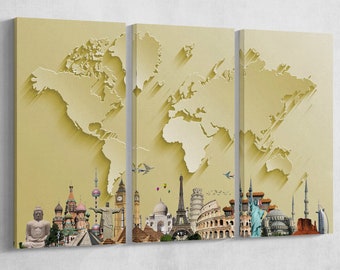 Gold World Map with Monuments: 3D Vegan Leather Print