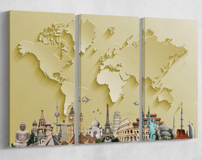 Gold World Map With Monuments 3D Effect Leather Print/Large World Map/Silver World Map/Multi Pieces World Map/Better than Canvas!